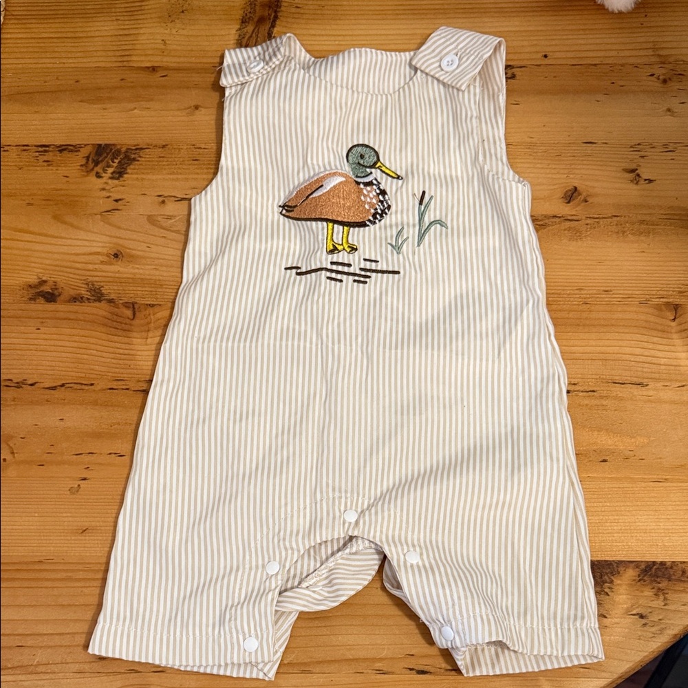 Striped Duck Applique Baby Romper - Neutral Tan & White